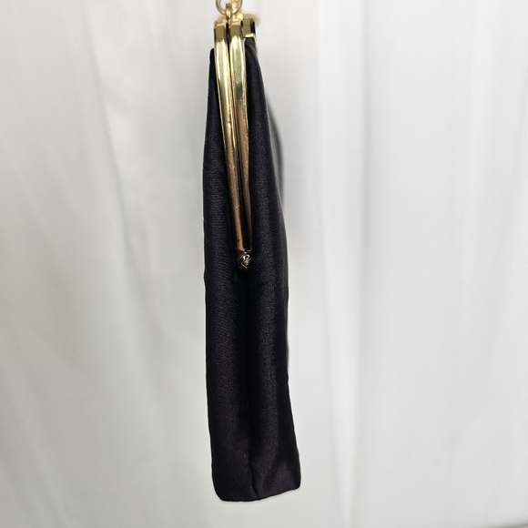 Vintage Coblentz Black Satin Convertible Clutch Evening Bag Gold Chain Hinge - Picture 3 of 9